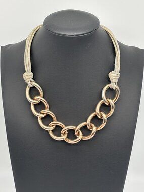 St. Thomas Necklace Chunky Large Rose Gold-Tone Curb Links Gray Cord, Adjustable